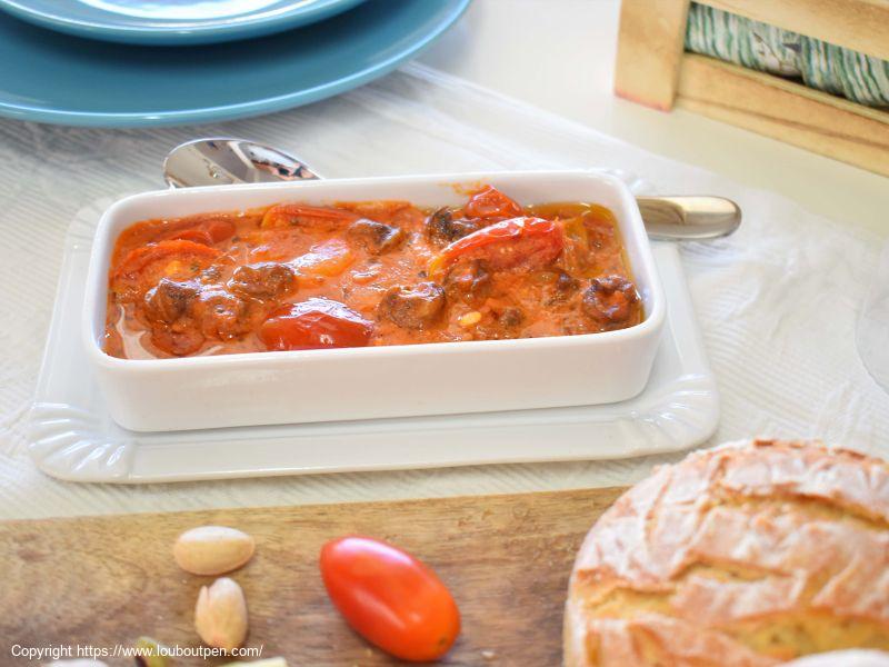 Σαγανάκι σαλιγκαριών με ντοματίνια-Γίγαντες, pesto χαλουμιού και φυστίκι Αιγίνης